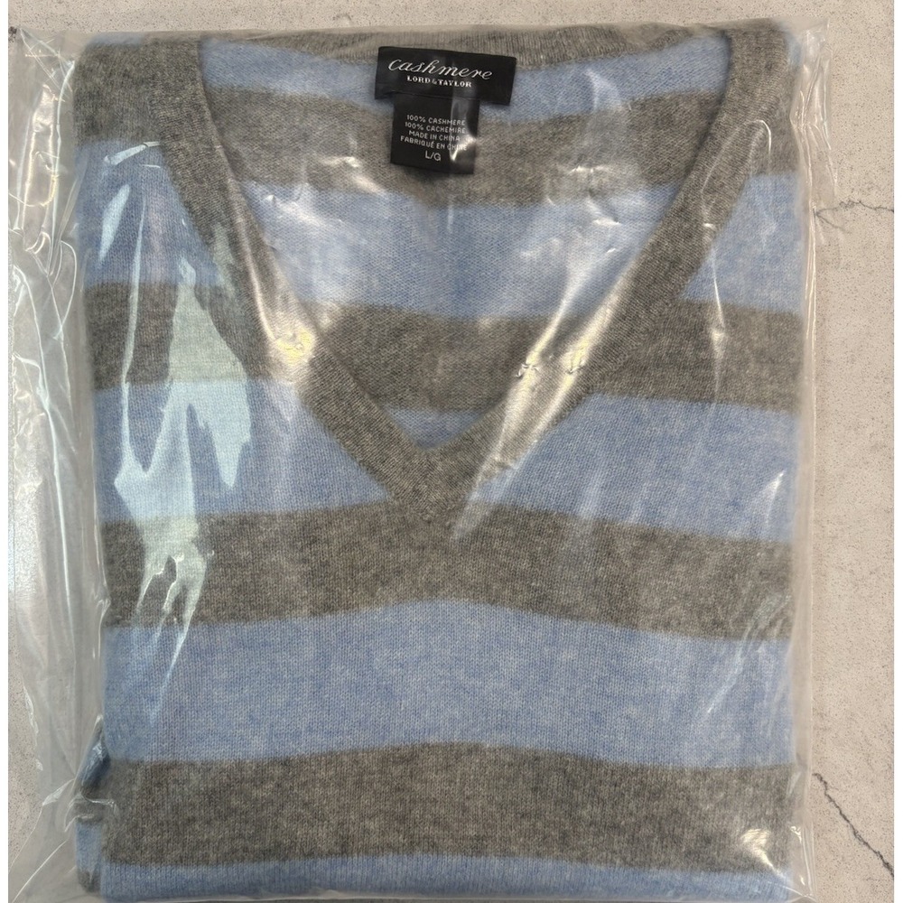 Lord & Taylor 100% Cashmere Striped V-Neck Sweater Size L Blue Gray Soft Knit - Picture 6 of 7